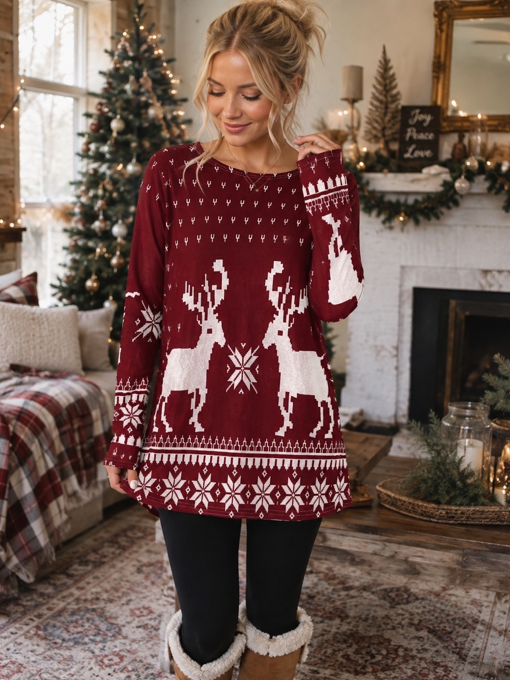 Women's Reindeer Tunic Sweater Size L Burgundy Nordic Alpine
Christmas Pockets
